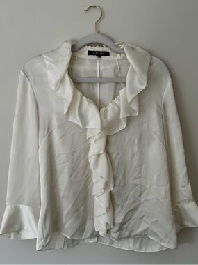 Chaus Satin Ruffle Front Button Down Blouse, Ivory / Cream – 6, Small / Medium